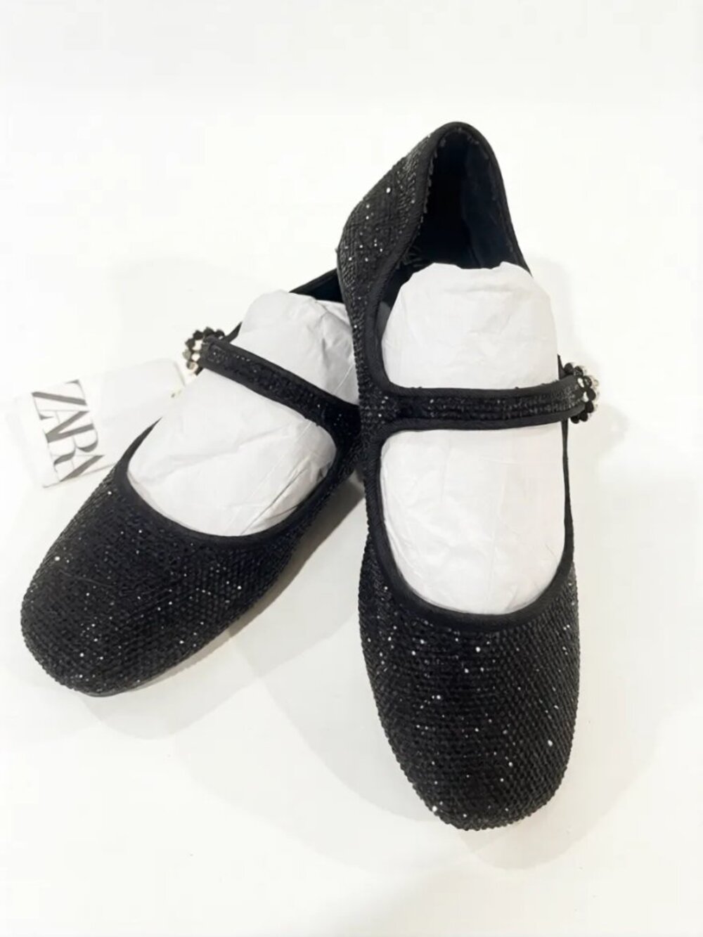 NWT Zara Black Rhinestone Crystal Mary Jane Flats | Size 34